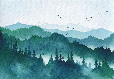 Watercolor Mountains - Handpainted Landscape Art Pine Trees Forest ...