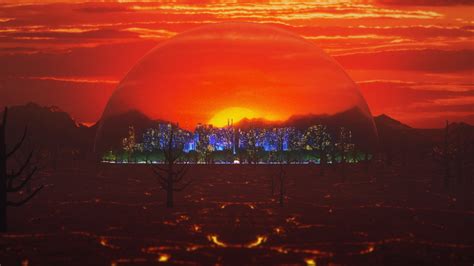 sunset, cityscape, wasteland, Cinema 4D, dome, lava, 1080P, landscape HD Wallpaper