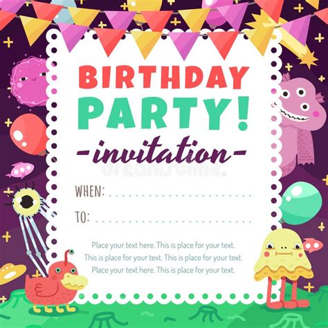 Birthday Party Funny Space Invitation With Cartoon Aliens And Monsters. Stock Vector ...