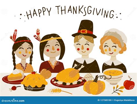 Thanksgiving Pilgrims With Blank Banner Vector Illustration | CartoonDealer.com #79348892