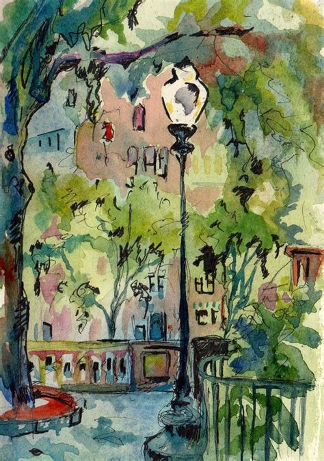 Street Scene Art Print of Original Watercolor and Ink Painting of a City Park Reproduction of ...