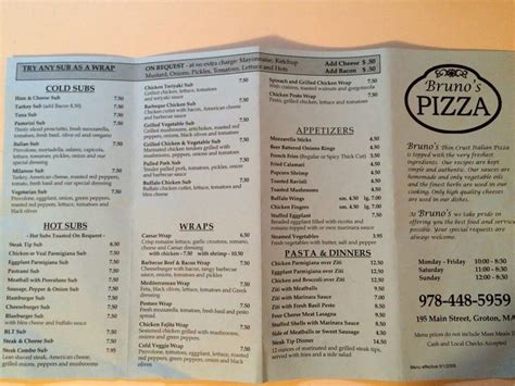 Menu at Bruno's Pizza pizzeria, Groton, 195 Main St