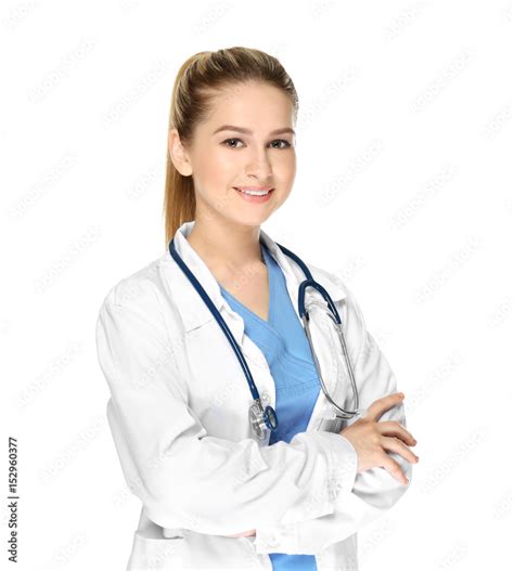 Female doctor with stethoscope on white background Stock Photo | Adobe Stock