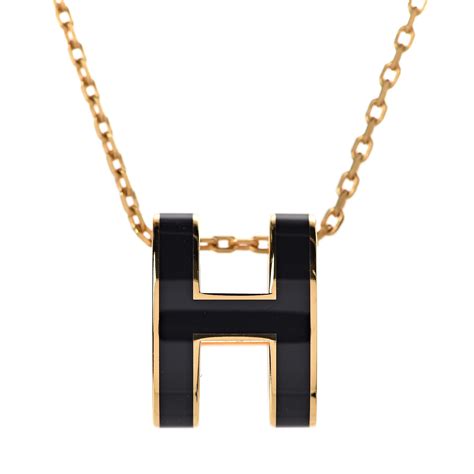 HERMES Lacquered Gold Pop H Pendant Necklace Black 426842