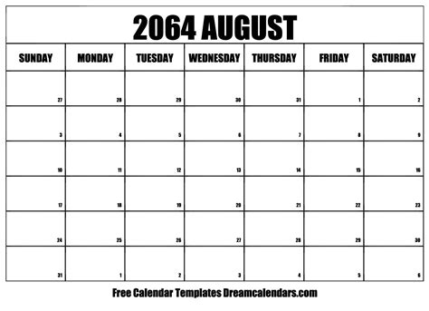 August 2064 Calendar - Free Printable with Holidays and Observances