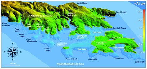 3D flooding map (+15 m) along the southeastern sector of the island of ...