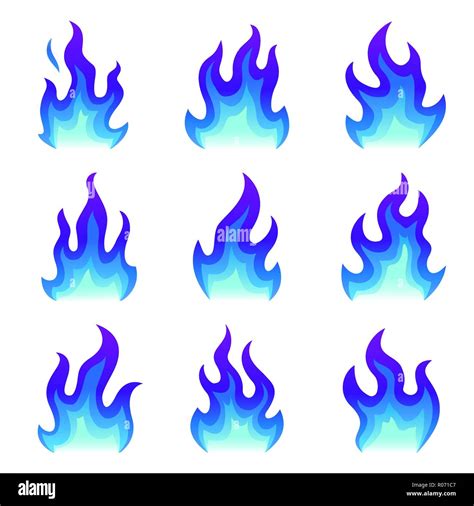 Set of blue fire icons, Flat fire flame vector illustration. Collection of blue flames or ...