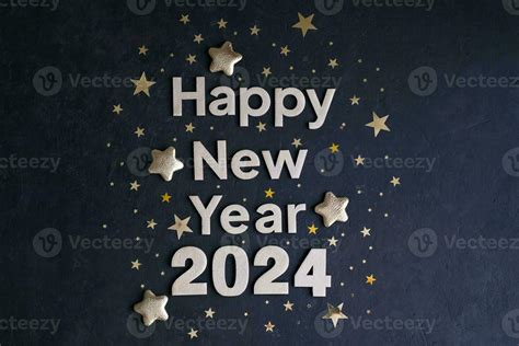 Happy New Year 2024. Golden numbers 2024 with gold stars on a dark background. New Year greeting ...