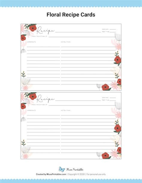 Printable Floral Recipe Cards