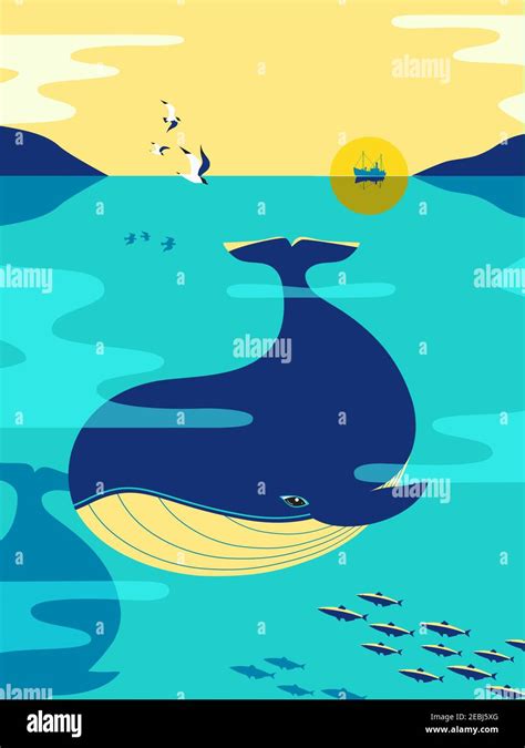 Blue Whale in ocean minimalist flat color vector poster Stock Vector Image & Art - Alamy