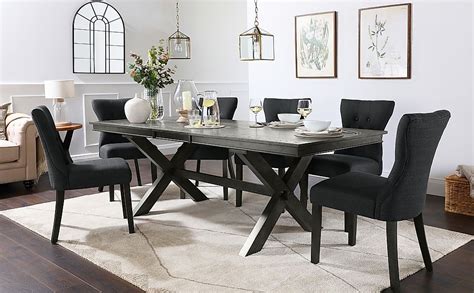 Grange Extending Dining Table & 6 Bewley Chairs, Grey Oak Veneer & Solid Hardwood, Slate Grey ...