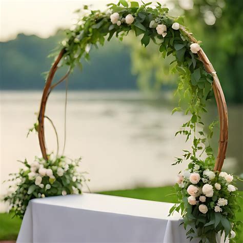 Premium Photo | A table with a flower arrangement on it and a lake in ...