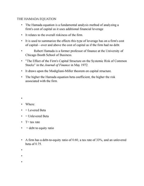 THE Hamada Equation - Financial Management - THE HAMADA EQUATION The Hamada equation is a - Studocu