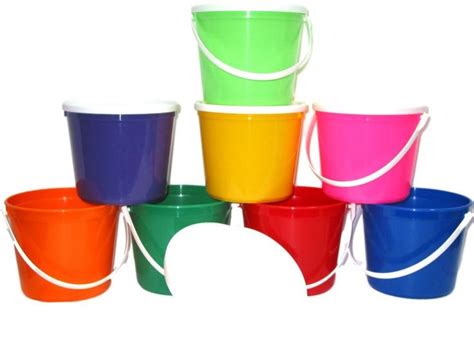 several buckets are stacked up in different colors