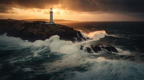 Premium Photo | A lighthouse in the ocean with a stormy sky in the background