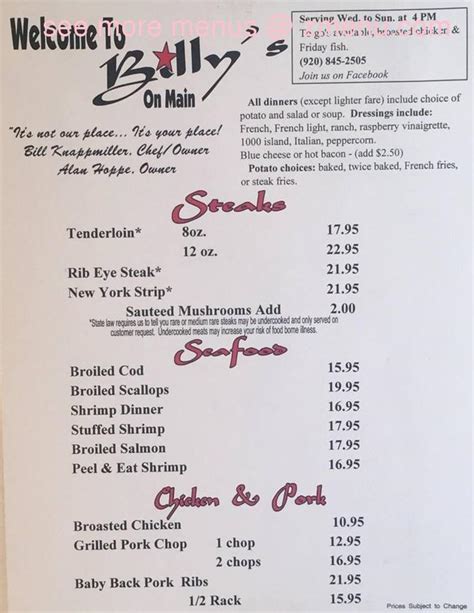 Online Menu of Billys on Main Restaurant, Luxemburg, Wisconsin, 54217 ...