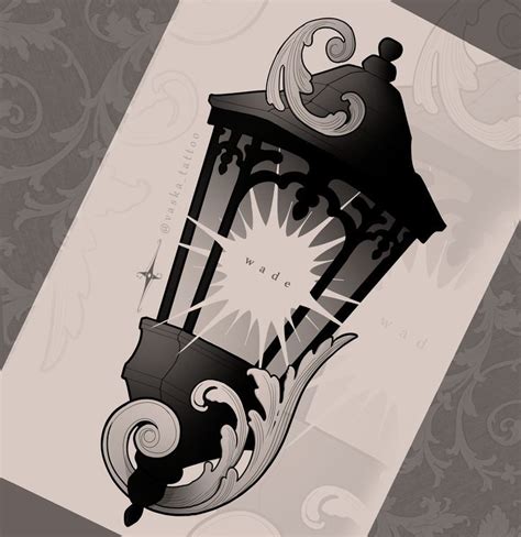 a black and white drawing of a street light on a paper with swirly designs