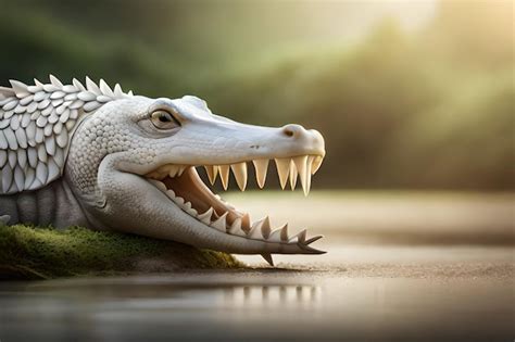 Premium AI Image | A white crocodile with a sharp teeth sits on a pond.