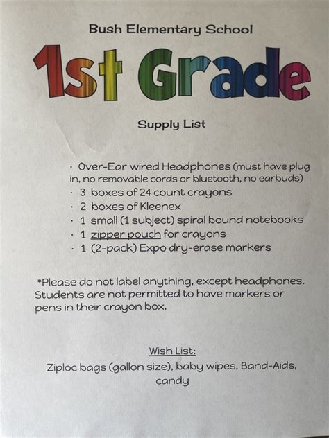 School Supply Lists | Bush Elementary School