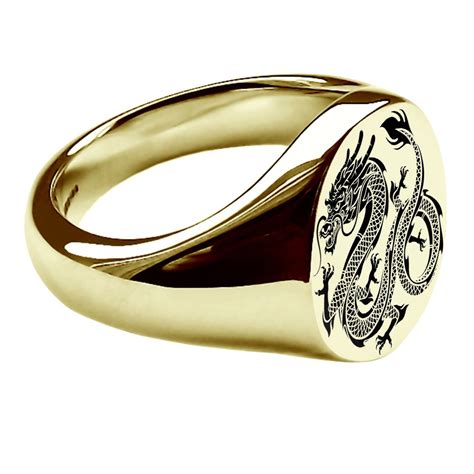 Ace Jewellery9ct Yellow Gold Chinese Dragon Laser Engraved Signet Rings 16x13mm, Engraved Signet ...