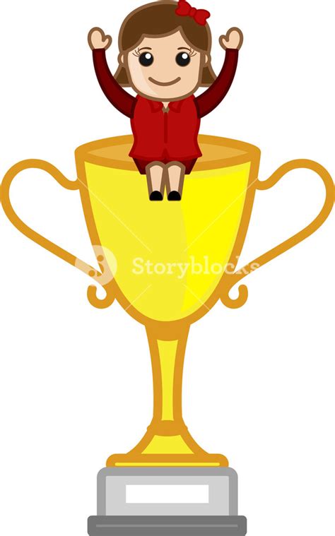 Cartoon Vector Character - Girl Sitting On Victory Cup Royalty-Free Stock Image - Storyblocks