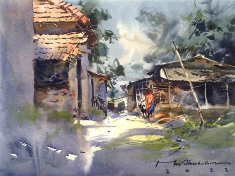 Indian Village Landscape | Watercolor Painting by Madhusudan Das | Exotic India Art