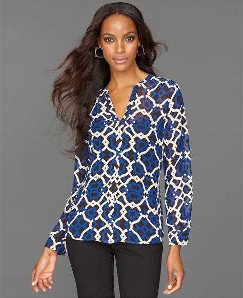 INC International Concepts Top, Long-Sleeve Split-Neck Printed - Tops ...