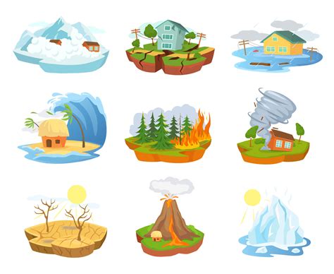 Cartoon natural disasters and catastrophes, extreme weather. Earthquake, flood, forest fire ...