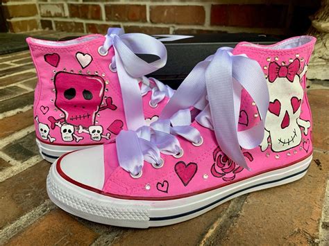 Hot Pink Converse With Painted Skullies Kids Shoes, High Tops, Girl Skull With Bling, Present ...