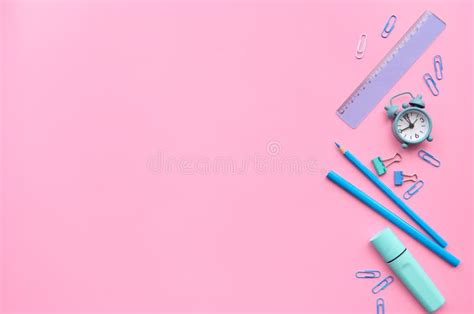 Stationery, School Supplies and White Blank Notepad on Pastel Blue Background. Top View Stock ...