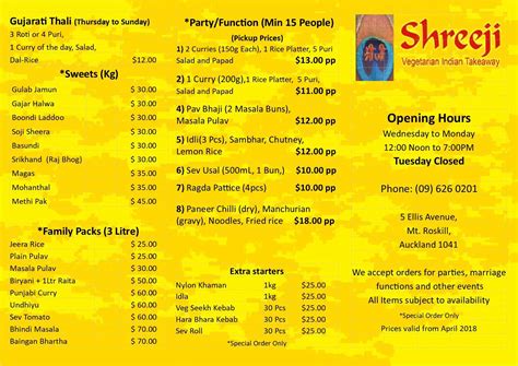 Menu at Shreeji Indian Vegetarian Takeaway restaurant, Auckland