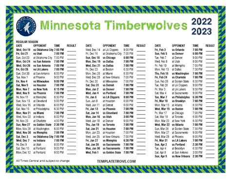 Printable 2022-2023 Minnesota Timberwolves Schedule