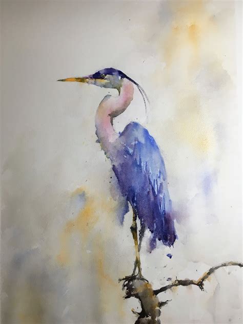 Great Blue Heron on Branch Original Watercolor Painting - Michele Clamp Art