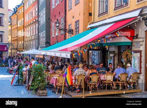 Shops,stores and outdoor restaurants in old town Gamla Stan in Stockholm, Sweden Stock Photo - Alamy