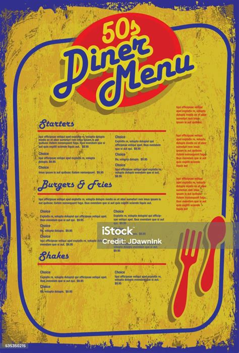 Late Night Retro 50s Diner Menu Layout Blue Yellow Aged Stock Illustration - Download Image Now ...