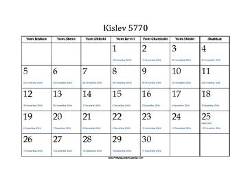 Kislev 5770 Calendar with Jewish holidays and Gregorian equivalents