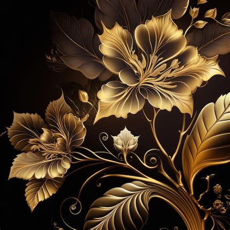 Premium Photo | A black and gold floral background with flowers and leaves.