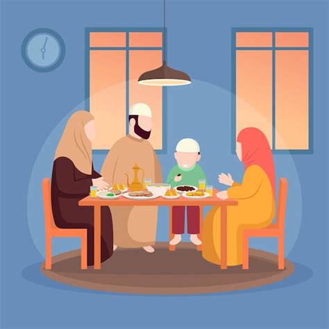 Premium Vector | Moslem family iftar enjoying ramadan kareem mubarak together in happiness ...