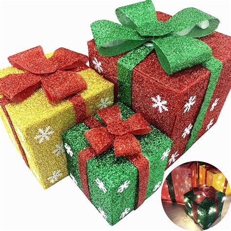 3pcs Lighted Gift Boxes Christmas Decorations with Bows Present Boxes ...