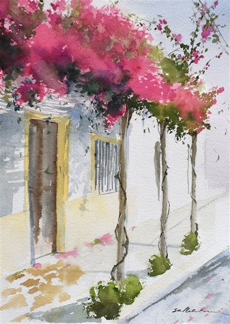 Bougainvillea Painting, Santorini Wall Art, Painting Gift, Painting on ...