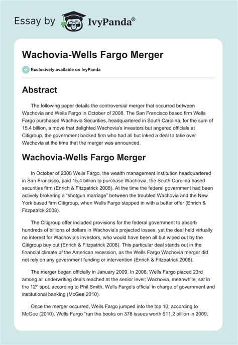 Wachovia-Wells Fargo Merger - 619 Words | Report Example