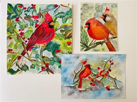 Cardinal Bird Series, Red Birds Nature Painting, Cardinal Bird Lover ...