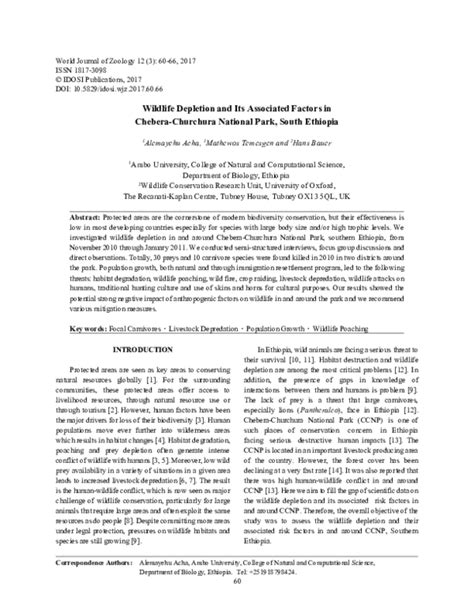 (PDF) Wildlife Depletion and Its Associated Factors in Chebera-Churchura National Park , South ...