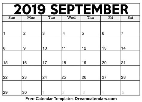 September 2019 Calendar - Free Printable with Holidays and Observances