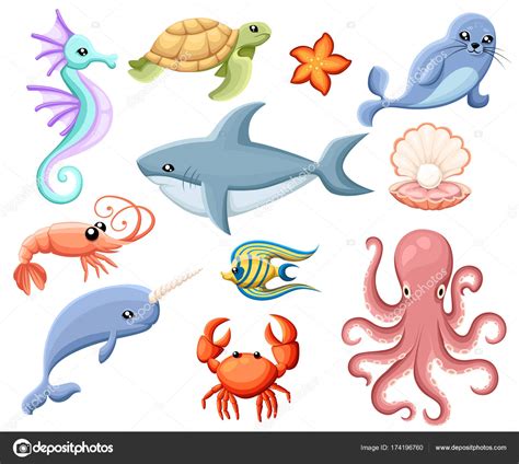 Cute Vector Sea Creatures Cartoon Smiling Sea Animals Ored Sea Stock ...