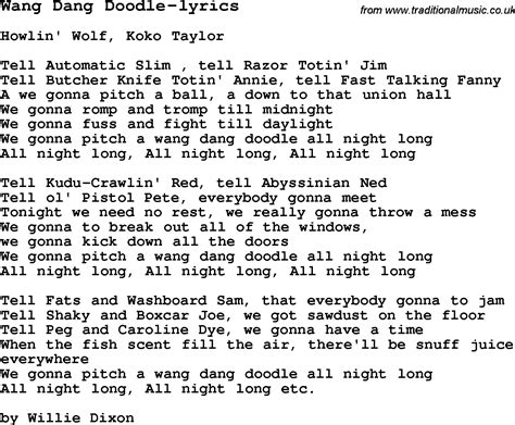 Blues Guitar lesson for Wang Dang Doodle-lyrics, with Chords, Tabs, and Lyrics