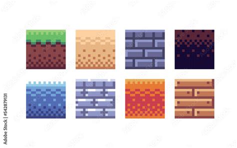 Square tile pixel art set. Different ground texture grid collection. 8 ...