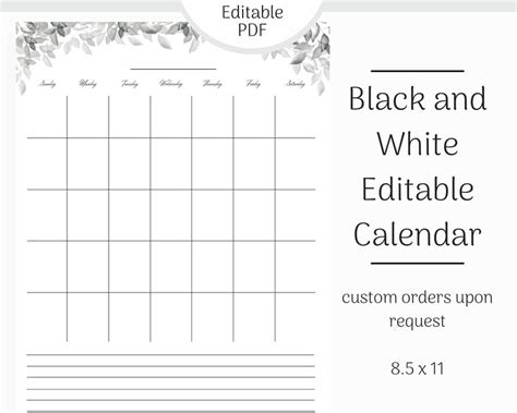 Black and White Calendar Printable Blank Calendar Blank - Etsy