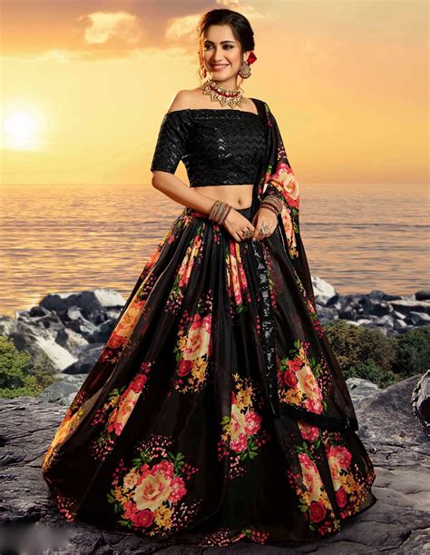 Black Organza Floral Print Lehenga Choli - Lehengas Designer Collection