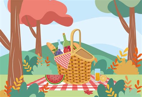 Picnic basket with wine and food in park 670490 Vector Art at Vecteezy